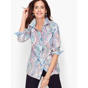 Talbots Classic Cotton Shirt Colorful Paisley Boho Preppy Women's Sz Large NWOT